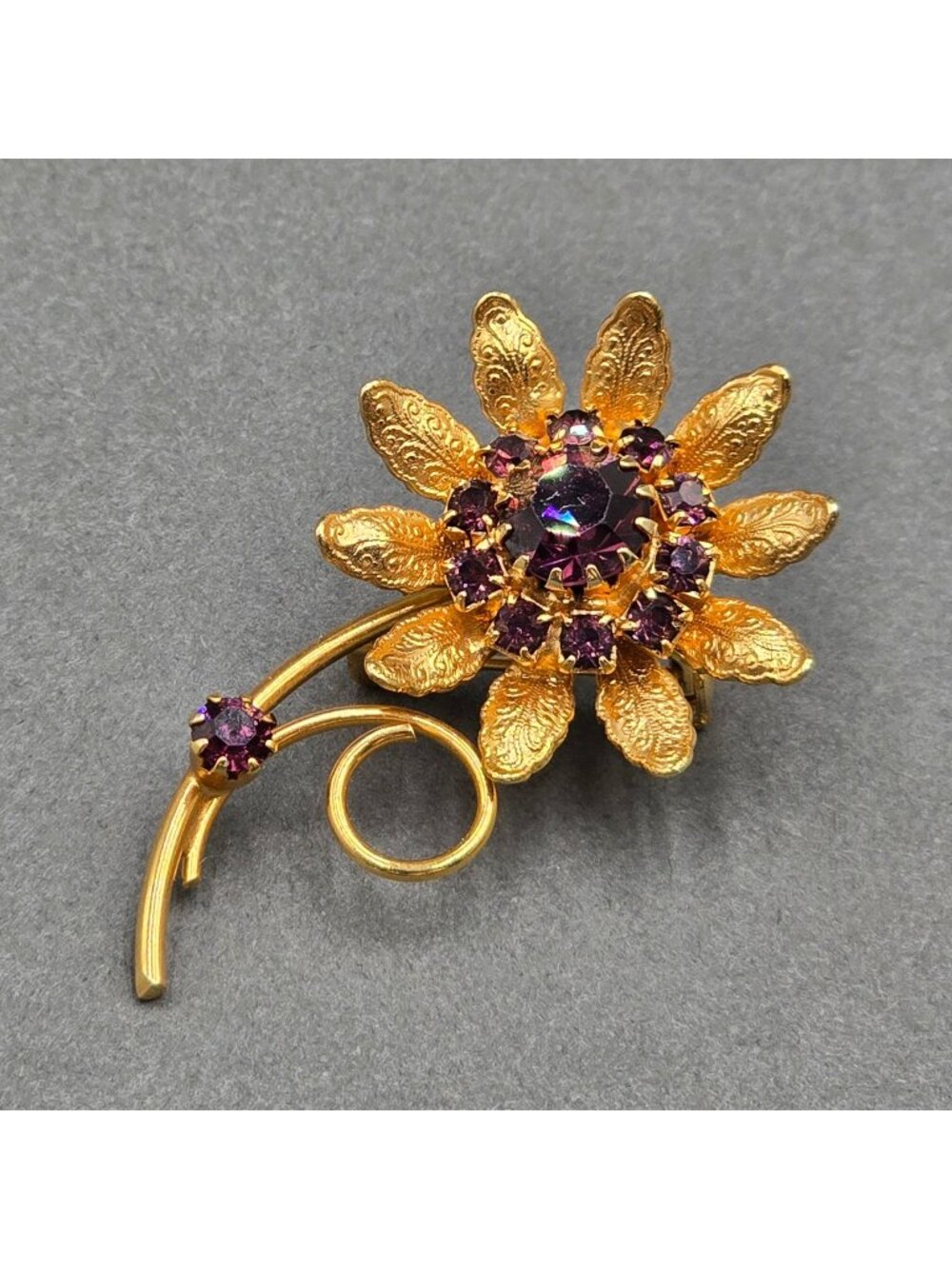 Vintage Purple Rhinestone Flower Brooch 2" Gold Tone Floral Textured Pin